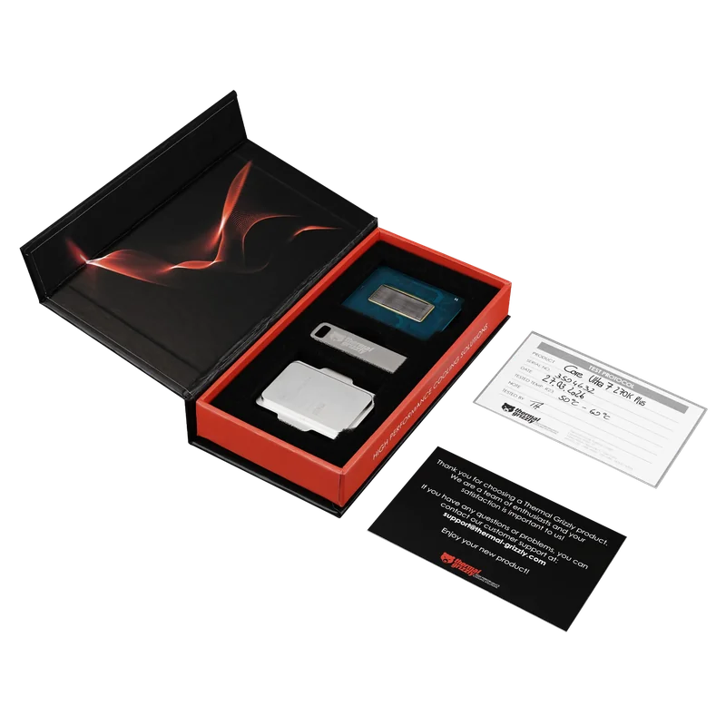 A Thermal Grizzly contact frame kit with Intel Core Ultra 7 280K CPU and additional components, including a metal logo and installation instructions.