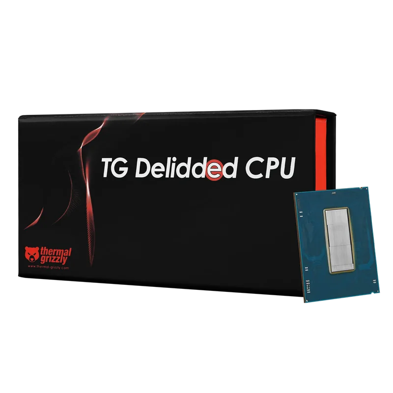 A Thermal Grizzly package labeled 'TG Delidded CPU' is positioned next to a delidded processor.