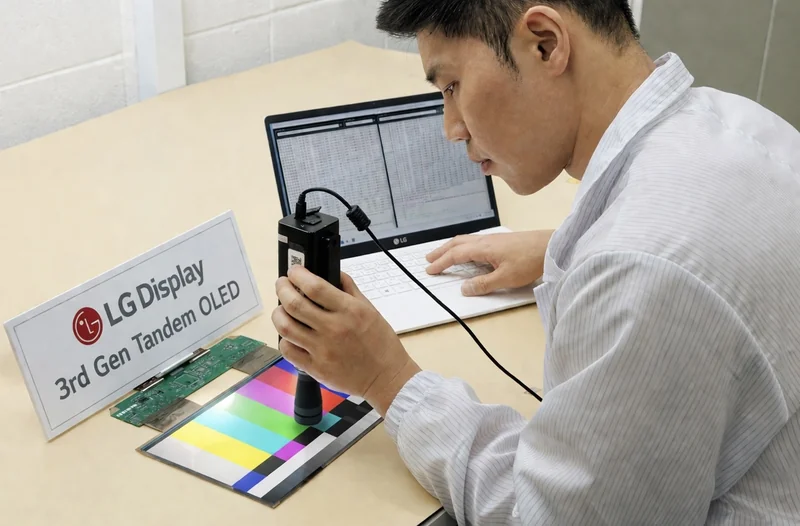 An LG Display engineer evaluates a color calibration chart using a spectrophotometer alongside a sign reading '3rd Gen Tandem OLED' on a table.