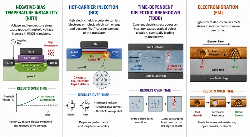 An infographic compares semiconductor degradation mechanisms, including 'Negative-Bias Temperature Instability (NBTI),' 'Hot-Carrier Injection (HCI),' 'Time-Dependent Dielectric Breakdown (TDDB),' and 'Electromigration (EM),' showing diagrams and effects over time such as increased resistance and void formation.