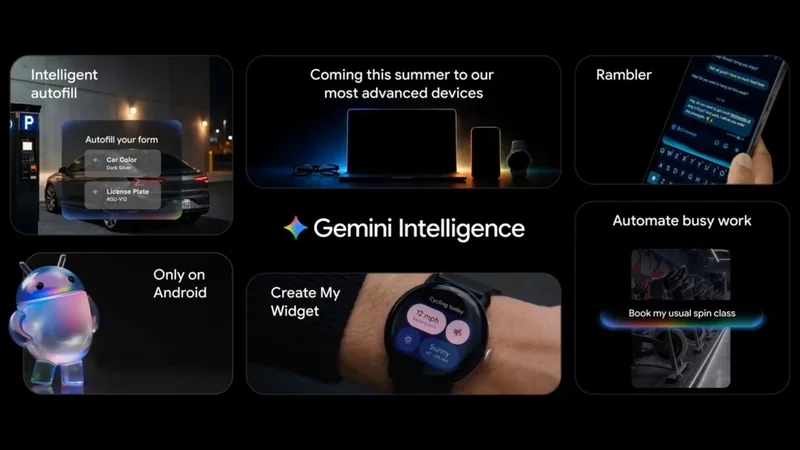 Collage promoting Gemini Intelligence features: autofilling car details, upcoming devices, chat assistance, Android exclusivity, smartwatch widgets, and automated tasks like booking a spin class, on a dark background.