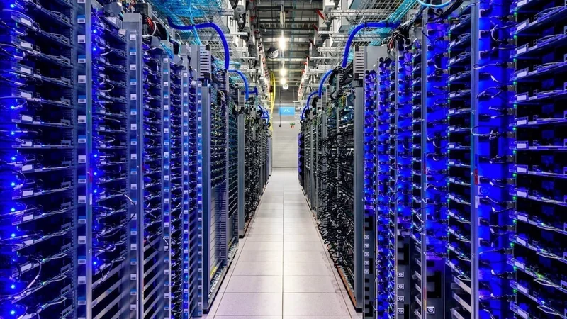 Long aisle between tall server racks glowing blue, packed with cables and hardware, in a brightly lit high-tech data center or computer server room