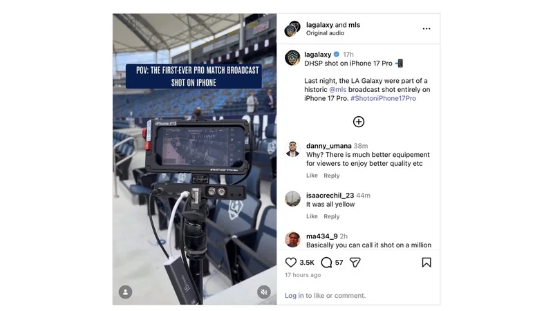 Close-up of an iPhone mounted on professional filming rig in a soccer stadium, capturing the field, with Instagram-style overlay text describing a live LA Galaxy match broadcast shot on iPhone.