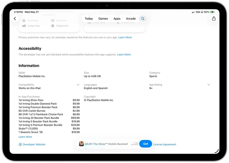 iPad screen showing App Store details for MLB The Show mobile baseball game, including accessibility section, information like size and languages, in-app purchase list, Get button, and navigation tabs