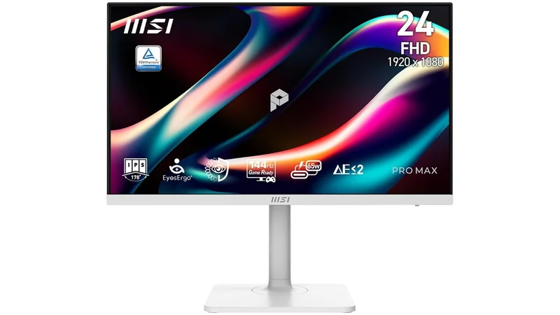 MSI 24-inch white computer monitor with thin bezels, colorful abstract display, and icons highlighting Full HD 1920x1080 resolution, eye protection features, and Pro Max branding on a white stand