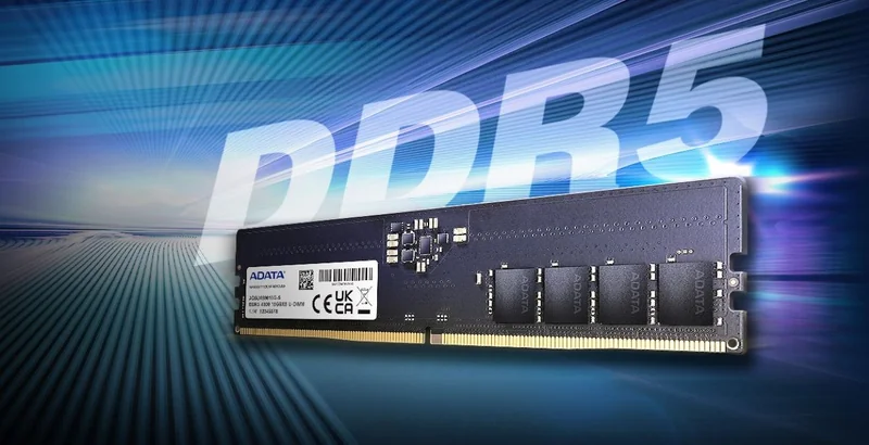 An ADATA DDR5 memory module is displayed against a dynamic blue background with large 'DDR5' text.