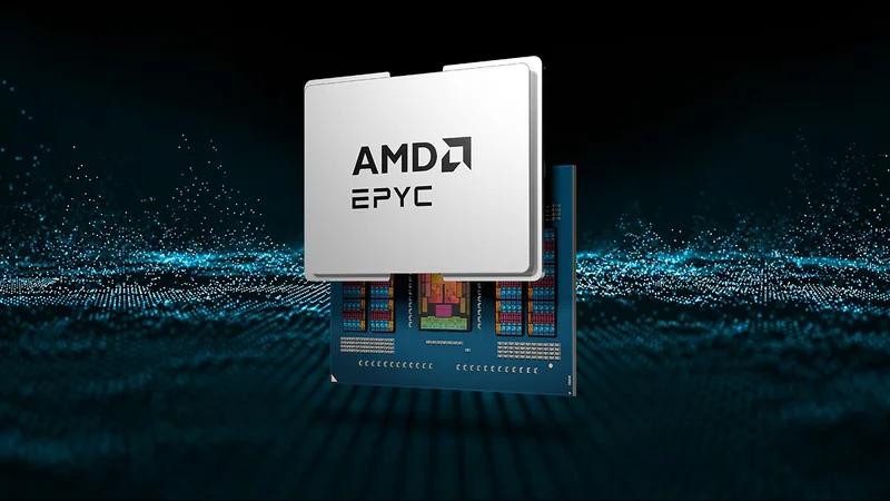AMD EPYC processor shown alongside a detailed view of its internal architecture against a digital background.