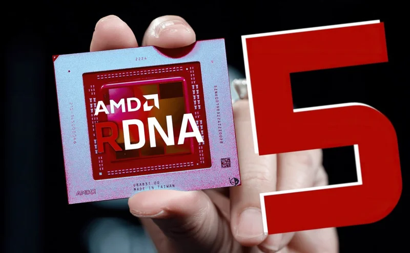 A close-up of an AMD RDNA chip being held next to a large red number 5.