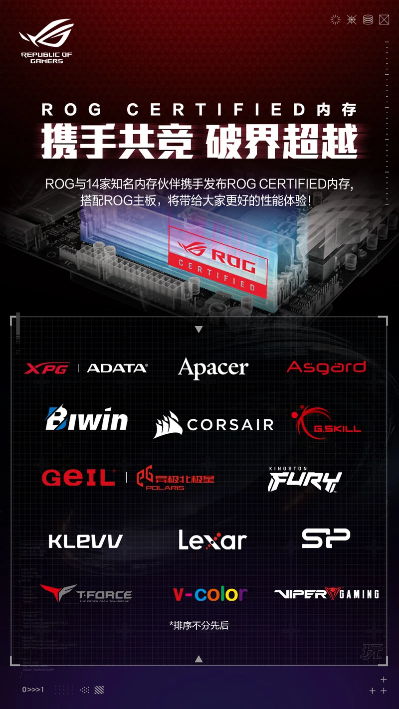 The image shows multiple memory brands, including XPG, ADATA, Corsair, Kingston Fury, and G.SKILL, among others, associated with the 'ROG Certified' memory for collaboration with ASUS ROG.