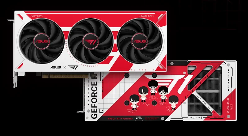 ASUS x T1 collaboration features a custom-designed GeForce graphics card with a red and white theme, showcasing cartoon characters and the phrase '#ASUS #T1 FIGHTING' on the side.