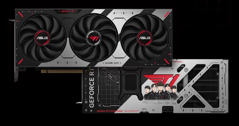 ASUS TUF Gaming GeForce RTX 4090 graphics card features a T1 esports team design with signatures and the text '#ASUS X T1' and 'GAME DAY.'