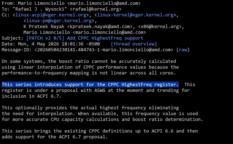 An email from Mario Limonciello at AMD discusses introducing support for the CPPC HighestFreq register, highlighting its proposal for inclusion in ACPI 6.7.