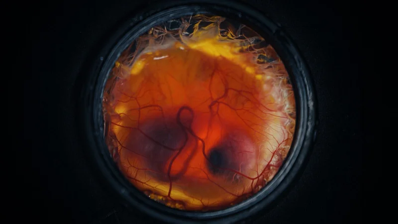 a chicken embryo, with visible eyes and beak, surrounded by blood vessels and inside a black metal container.