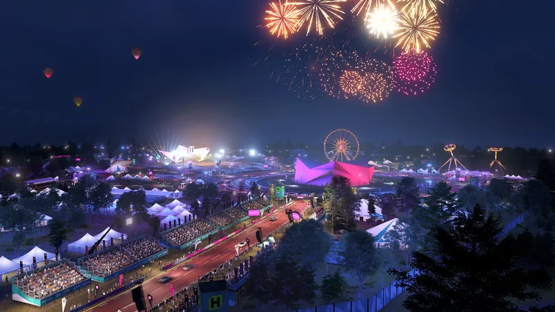 An illuminated race track and festival setting at night in a video game, featuring glowing structures, a Ferris wheel, and fireworks lighting the sky.