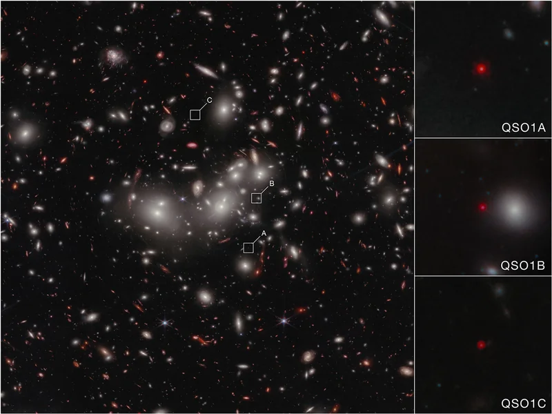 Image of a large field of stars and galaxies, with three small boxes highlighting different regions. To the right, blowups of each of the boxes show a small red blur.