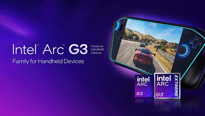 A gaming handheld displays a racing game, accompanied by Intel Arc G3 branding with the text 'Family for Handheld Devices'.