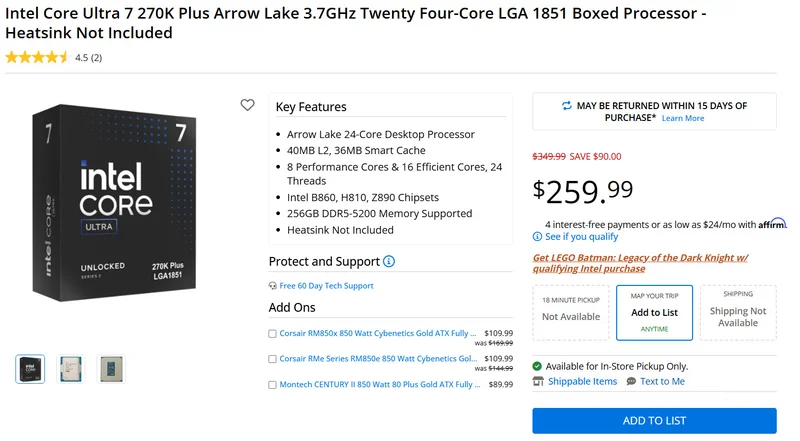 The image shows an Intel Core Ultra 7 270K Plus Arrow Lake processor box with specifications including 3.7GHz clock speed, 24 cores, and LGA 1851 socket, priced at $259.99 with a $90 discount.