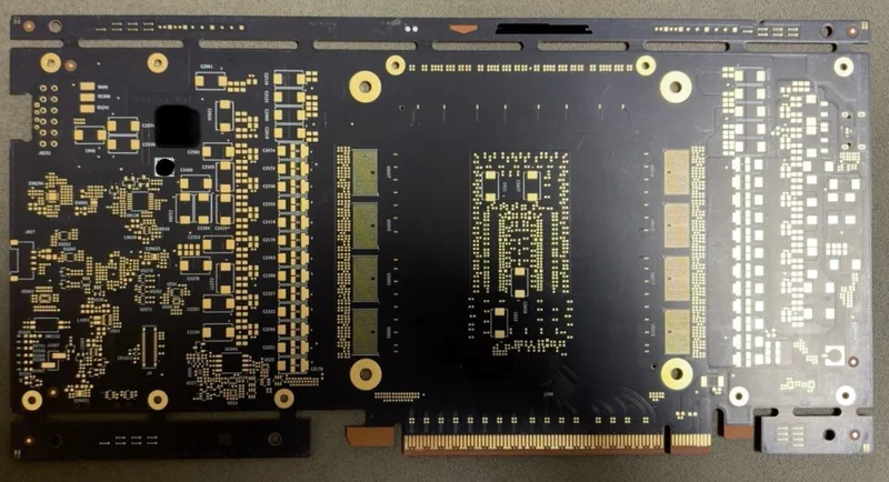 A bare PCB with detailed circuit patterns and a PCIe connector, lacking any visible brand markings or components.