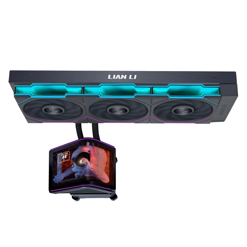 A Lian Li CPU cooler with three fans features RGB lighting and a display screen showing '88' next to an image of an astronaut.