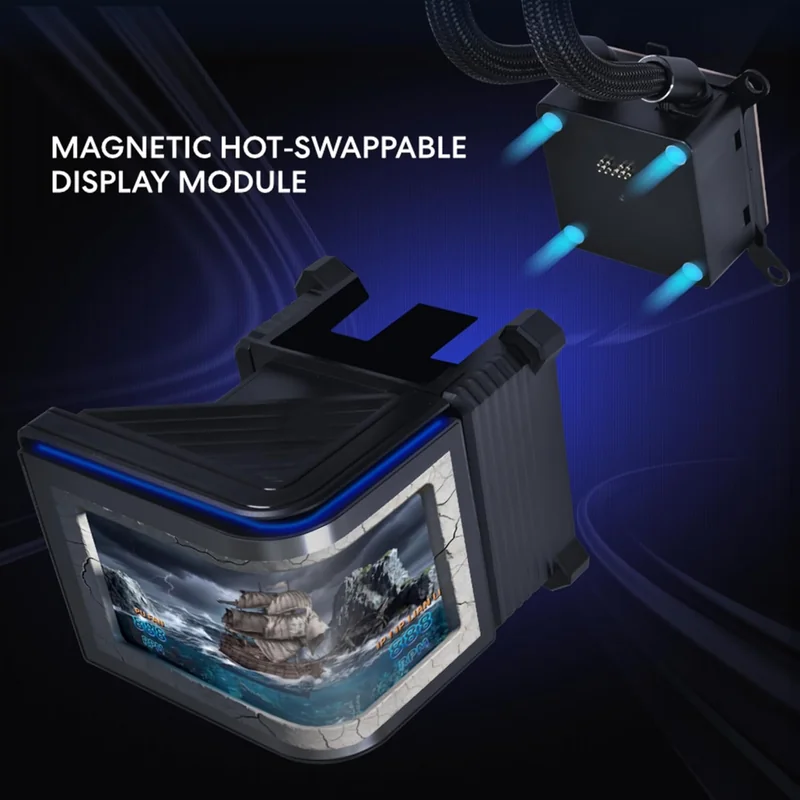 A digital illustration shows a 'Magnetic Hot-Swappable Display Module' featuring a screen with a pirate-themed image and a separate component with blue lighting effects.