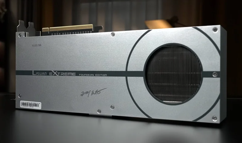 A Lisuan Extreme Founders Edition graphics card with a distinctive silver design and visible fan, marked with a serial number 'NO.055/999'.