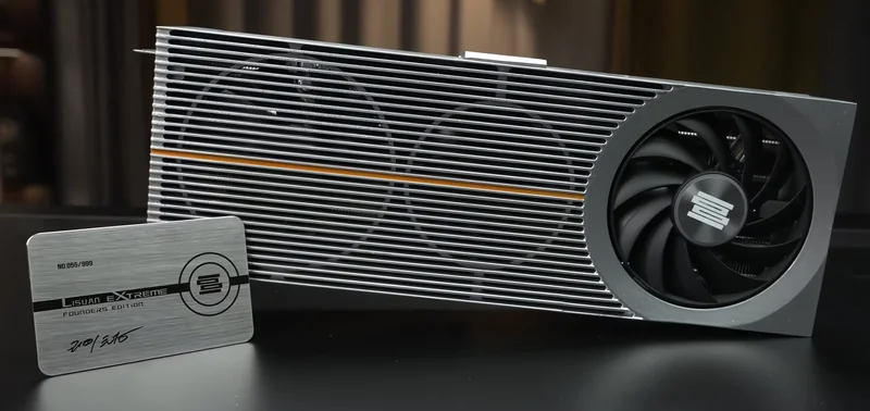 A Lisuan Extreme Founders Edition graphics card is displayed alongside a metal card marked 'NO.055/999'.