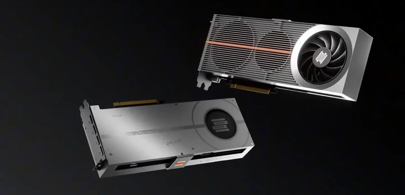 Two graphics cards with 'M8 Extreme' branding and visible PCIe connectors are shown on a dark background.