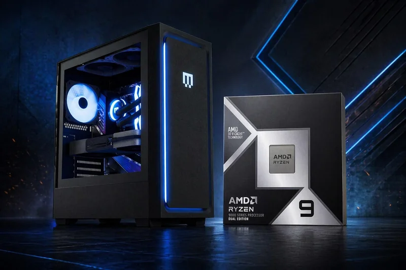 A gaming PC with blue LED lighting is displayed next to a box labeled AMD Ryzen 9000 Series Processor Dual Edition featuring AMD 3D V-Cache Technology.