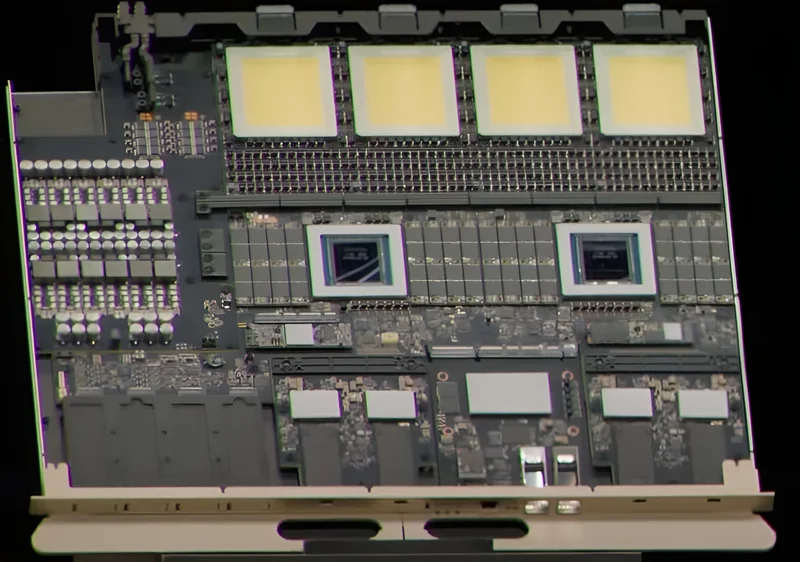 A close-up view of the internal components of a circuit board featuring dual NVIDIA GPUs and multiple other electronic elements.