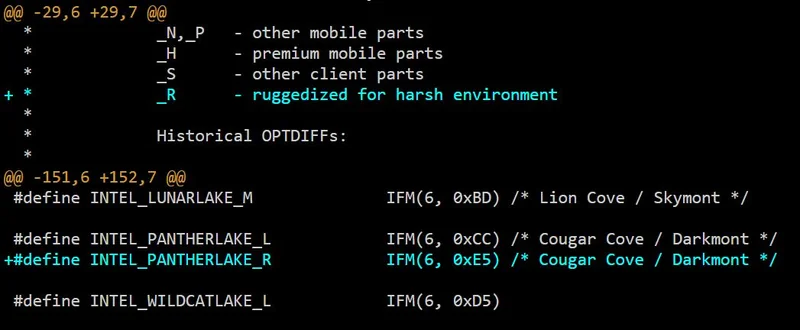 A code snippet showing Intel processor definitions, including 'INTEL_PANTHERLAKE_R' marked as 'ruggedized for harsh environment' with identifiers IFM(6, 0xE5) for Cougar Cove/Darkmont.