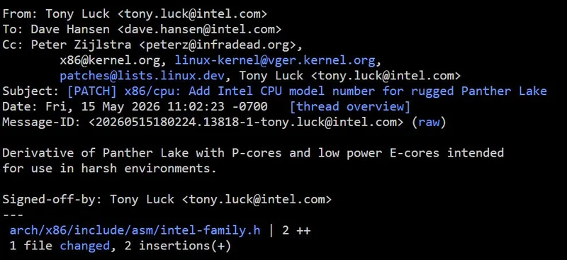 An email from Tony Luck at Intel discussing a new model number for an Intel CPU derivative of Panther Lake with P-cores and low power E-cores intended for harsh environments.