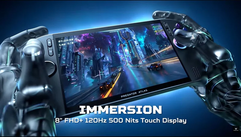 Acer Predator Atlas gaming handheld with an '8 FHD+ 120Hz 500 Nits Touch Display' shows a futuristic racing game in progress.