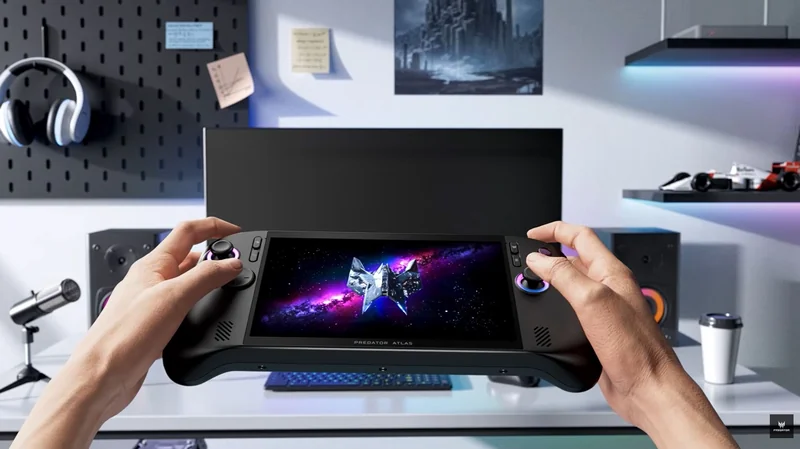 Two hands holding an Acer Predator Atlas handheld gaming device with a space-themed game displayed on the screen.