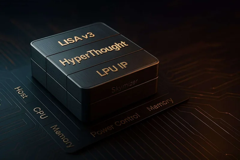 A 3D rendering of a chip stack labeled 'LISA v3,' 'HyperThought,' and 'LPU IP' on a circuit board with text 'Host,' 'CPU,' and 'Memory.'