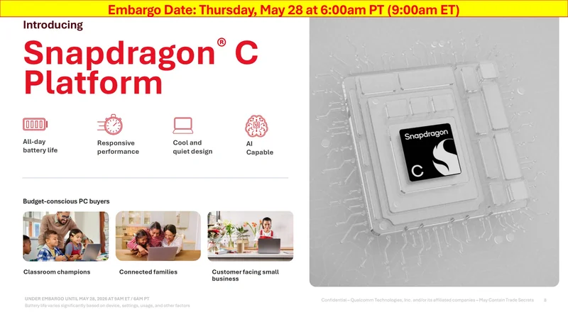 The image showcases the introduction of the 'Snapdragon C Platform,' highlighting features like 'All-day battery life,' 'Responsive performance,' 'Cool and quiet design,' and 'AI Capable,' with an embargo date set for Thursday, May 28 at 6:00 am PT.