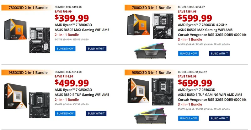 A promotional comparison image shows bundles of AMD Ryzen 7 7800X3D and 9850X3D processors with ASUS motherboards and Corsair Vengeance RGB DDR5-6000 kits, highlighting sale prices of $399.99, $499.99, $599.99, and $699.99 for 2-in-1 and 3-in-1 configurations.