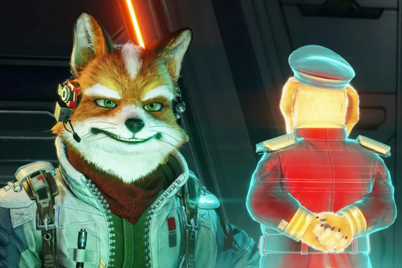 An anthropomorphic fox character in a futuristic pilot suit communicates with a glowing holographic figure in a military uniform, featuring detailed textures and vibrant colors.