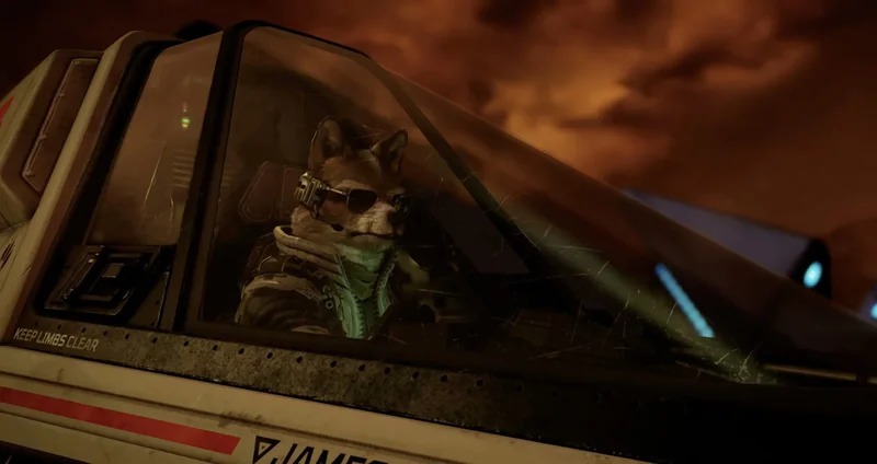 A fox-like character wearing a pilot's outfit and sunglasses sits in the cockpit of a spacecraft with 'KEEP LIMBS CLEAR' visible on the side.