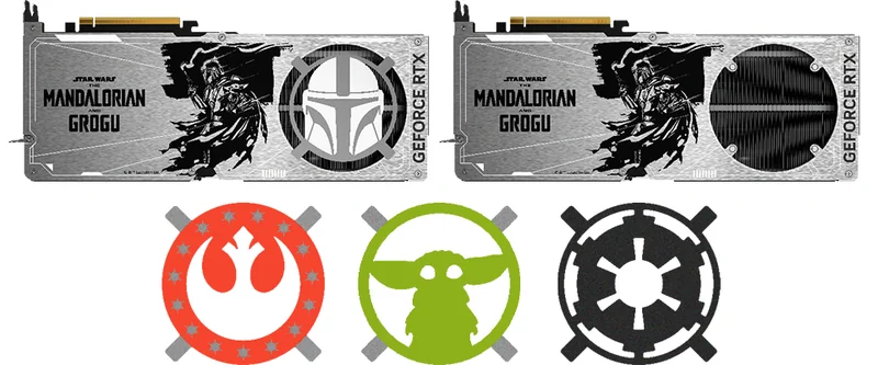 NVIDIA GeForce RTX graphics cards featuring Star Wars 'Mandalorian and Grogu' designs alongside three themed fan covers with Rebel, Grogu, and Imperial insignias.