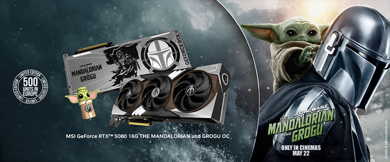 MSI GeForce RTX 5080 16G THE MANDALORIAN and GROGU OC with a design featuring THE MANDALORIAN GROGU text and characters from the series, limited to 500 units in Europe.