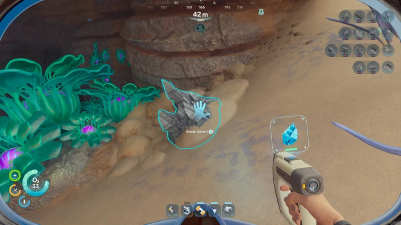 A player in 'Subnautica 2' aims a tool at a rock formation with a prompt to 'Break Silver (A)' while underwater, with various resource indicators and oxygen levels displayed on the screen.