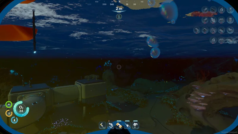 The game Subnautica 2 shows an underwater base with a visible 'O₂ 34' indicator on the player's HUD.