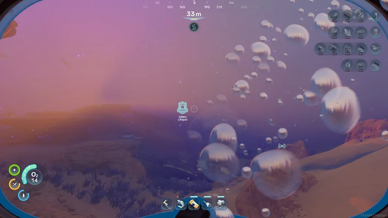 A scene from the game Subnautica 2 shows an underwater environment with bubbles, and a UI indicating a '33m' depth, 'O2 14' oxygen level, and '308m Lifepod' distance.