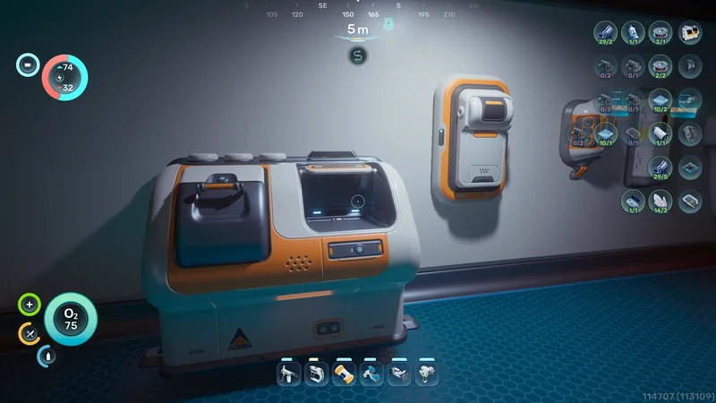 A crafting station in the game 'Subnautica 2' displays an inventory UI with various tool and resource icons.