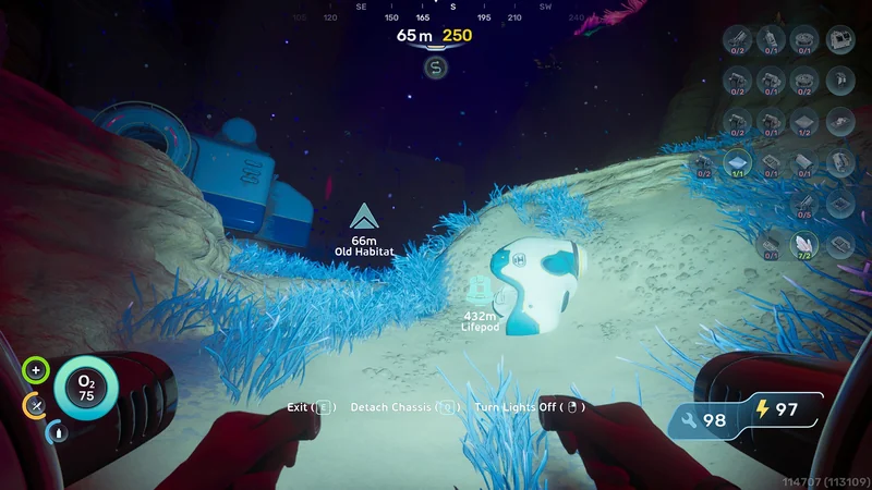 A scene from the game 'Subnautica 2' shows a player approaching an 'Old Habitat' 66 meters away, with indicators for '432m Lifepod' and various inventory items visible on the interface.