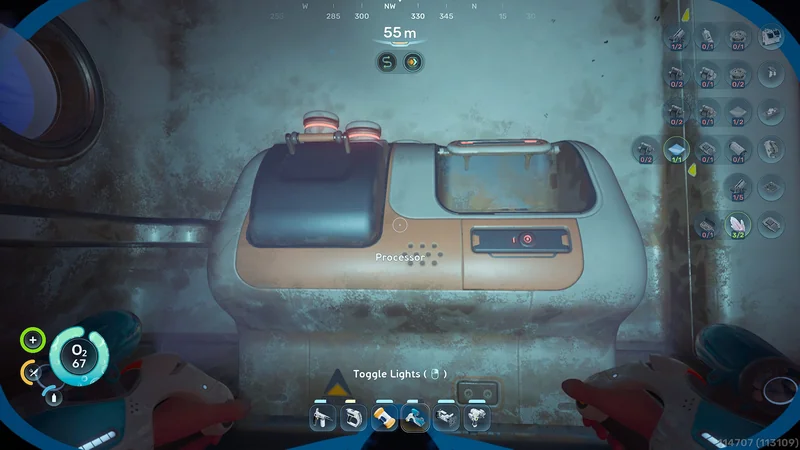 In Subnautica 2, a player interacts with a 'Processor' while underwater at a depth of 55 meters, with inventory and crafting items visible on the screen.