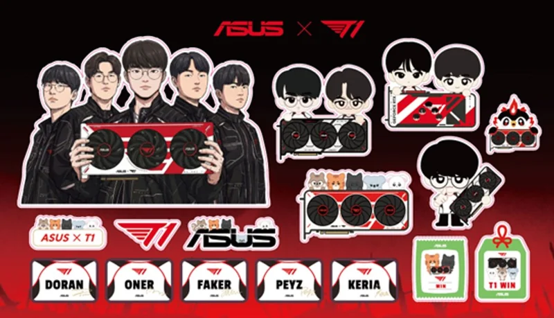 A collection of ASUS x T1 themed stickers featuring cartoon and real illustrations of characters holding ASUS graphics cards, alongside player names including 'Doran,' 'Oner,' 'Faker,' 'Peyz,' and 'Keria.'