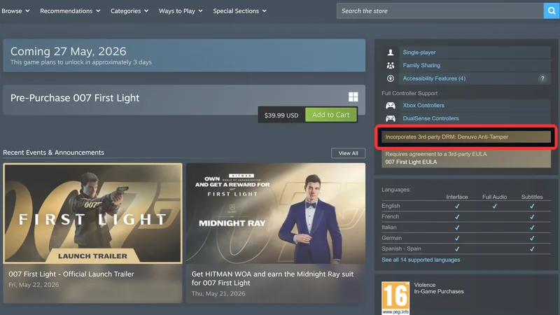 007: First Light Steam listing highlighting Denuvo DRM