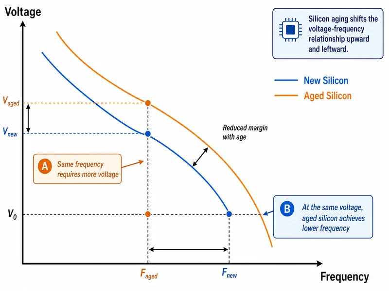 A graph comparing 'New Silicon' and 'Aged Silicon' shows how silicon aging shifts the voltage-frequency relationship upward and leftward, with the note 'Same frequency requires more voltage' and indicating that aged silicon achieves lower frequency at the same voltage.