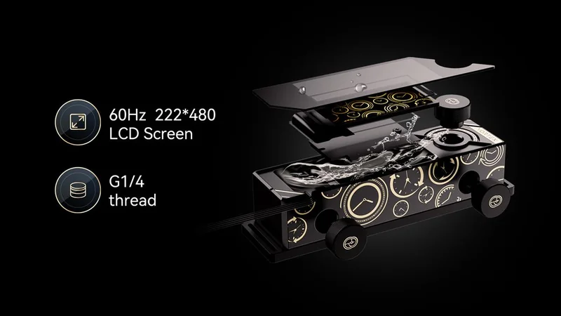 A digital illustration showcases a liquid cooling component with visible text '60Hz 222*480 LCD Screen' and 'G1/4 thread', featuring a graphic of flowing liquid and clock imagery.